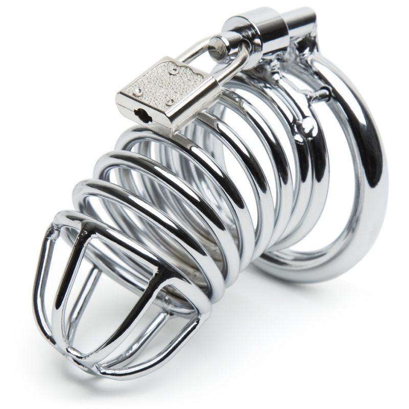 metal male chastity cage with lock on top
