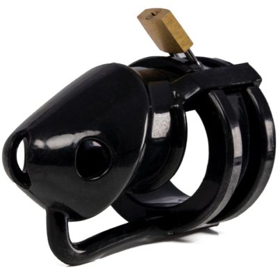 black silicone chastity cage with brass padlock on top