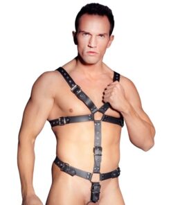 Zado Mens Leather Adjustable Harness With Cock Ring